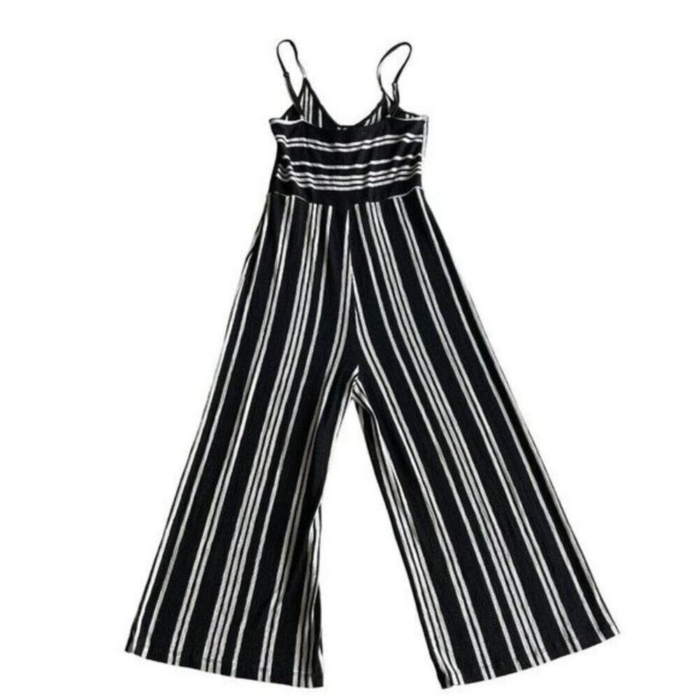 Love Tree Crop Jumpsuit Womens L Black White Stripe Wide Leg Nautical‎ Coastal - Picture 5 of 8